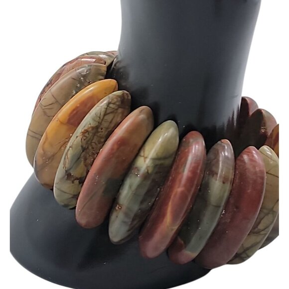 Natural Jasper Stretch Bracelet Multicolor Half Moon Wedges Green Red Orange 8" - Picture 8 of 15